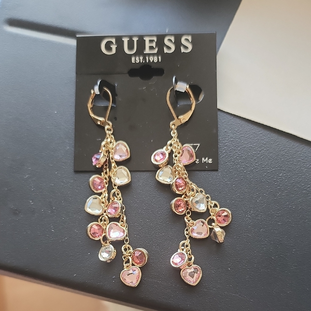 GUESS Gold and Pink Heart Drop Earrings